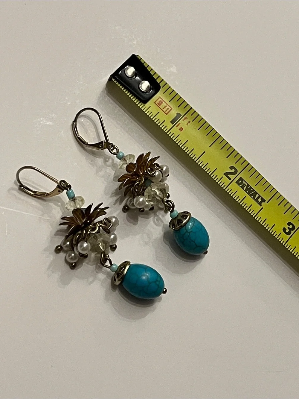 Talbots Turquoise Cluster Drop Earrings with Faux Pearls and Crystal Beads